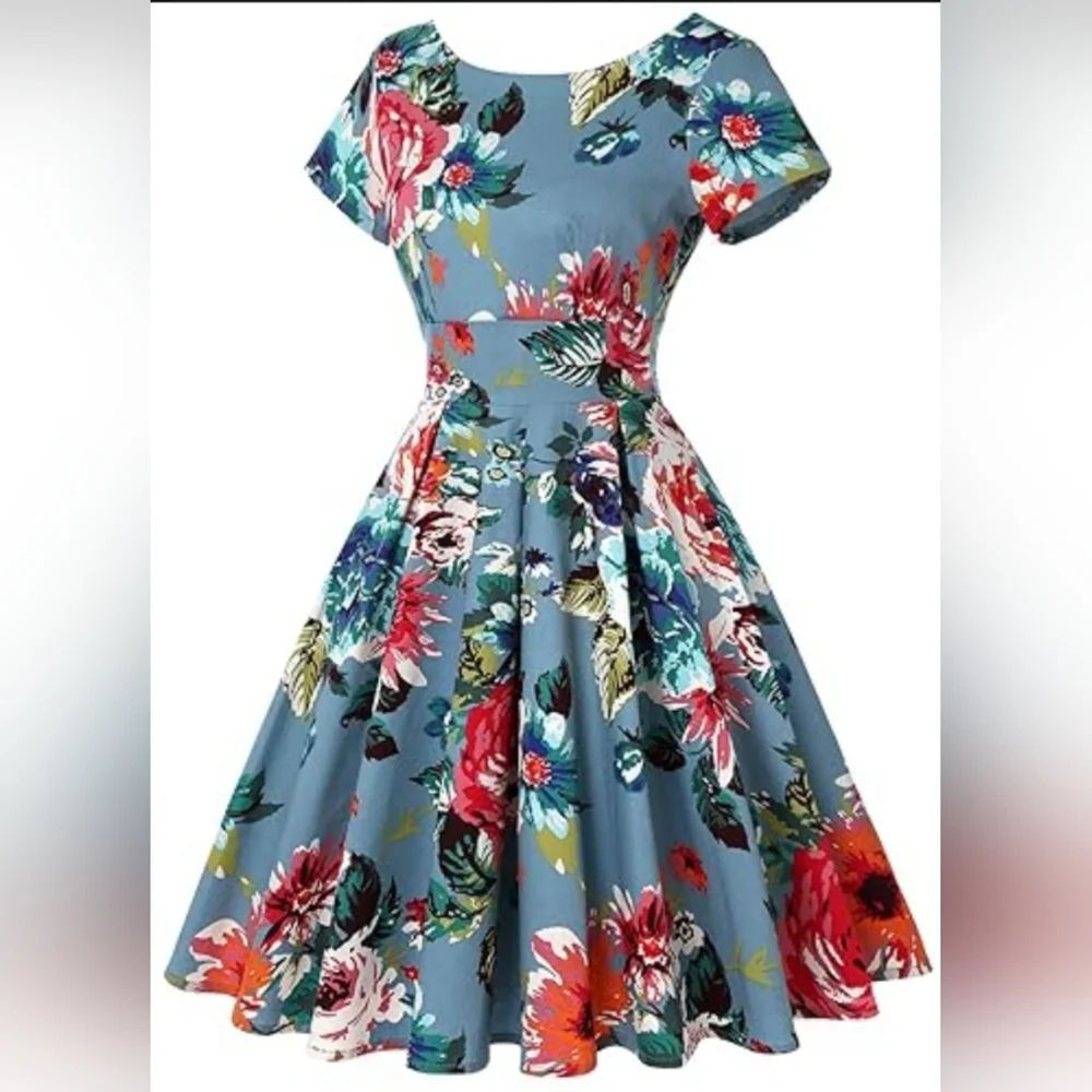 Mint Limit 1950s Retro Rockabilly Short Sleeve Blue Floral Flare Dress Sze Small - Picture 3 of 12